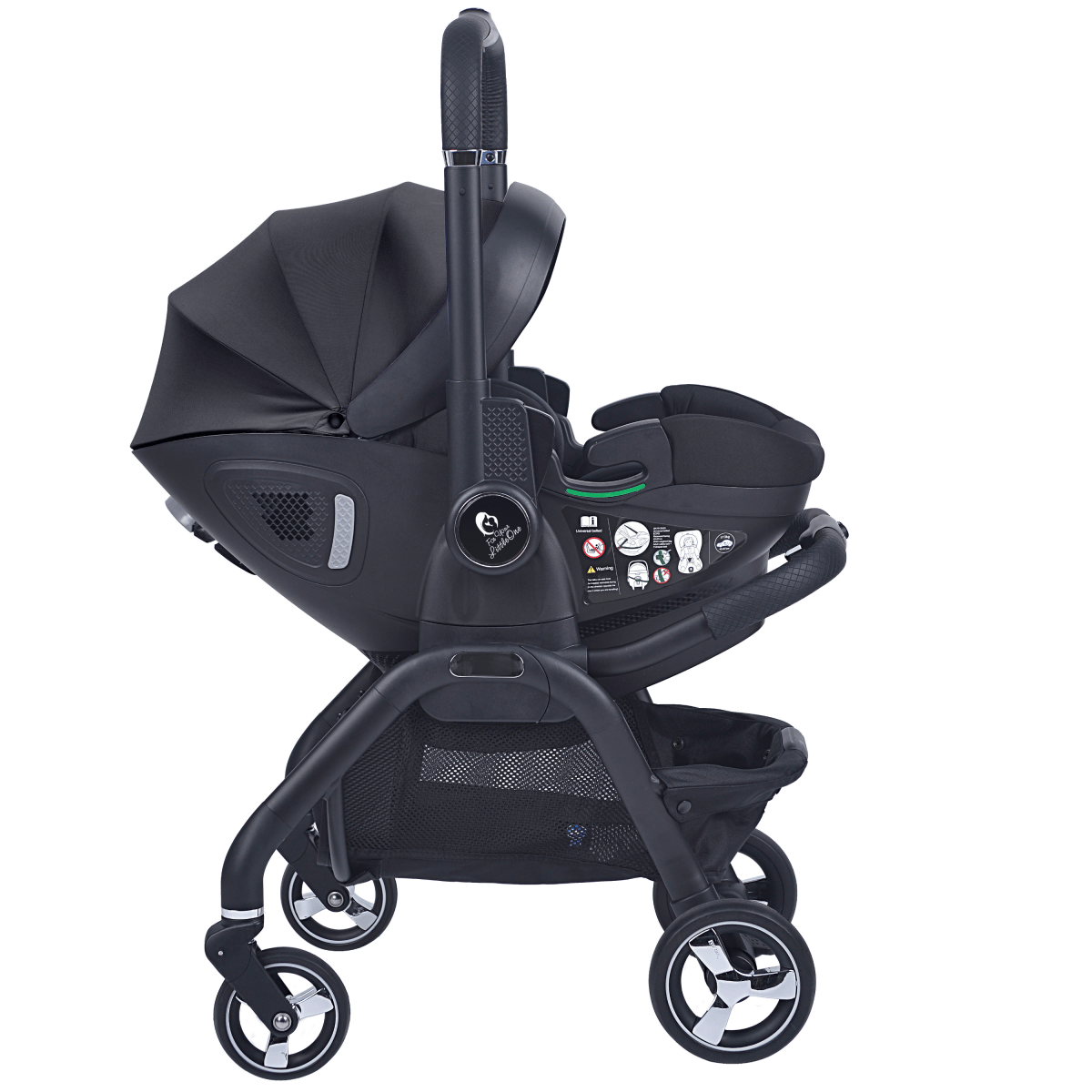 Black infant car seat stroller side view with mesh storage basket