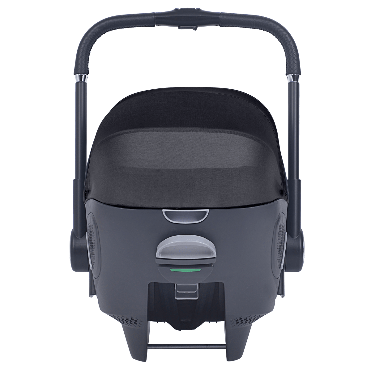 Dark black infant car seat with padded canopy and front handle