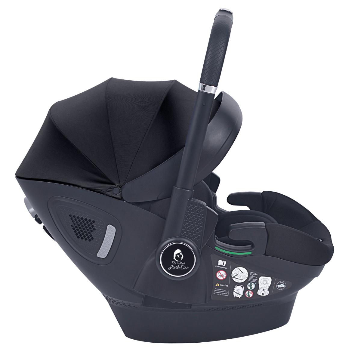 Black infant car seat with handle, close-up angle