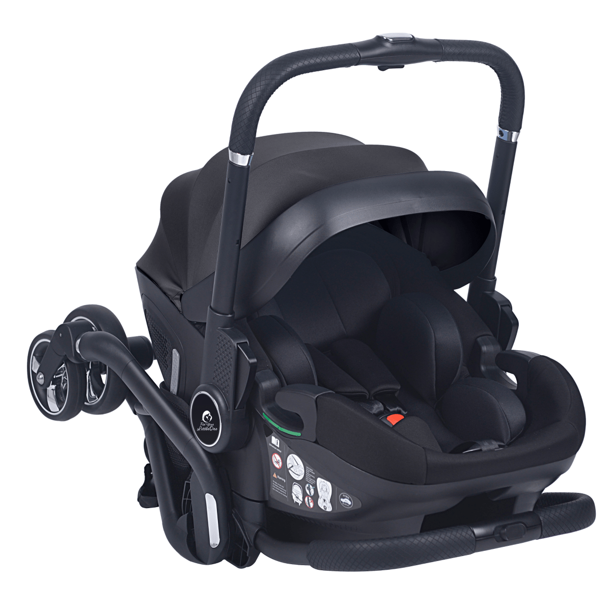 Black infant car seat stroller with carry handle and control panel