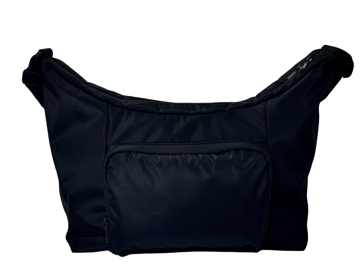 Black diaper bag with wide opening and front zip pocket