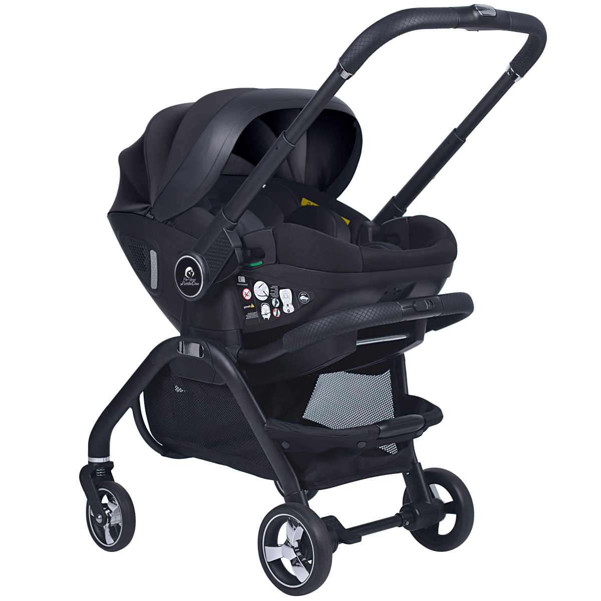 Black infant car seat stroller with rear seat fabric and wheel chassis