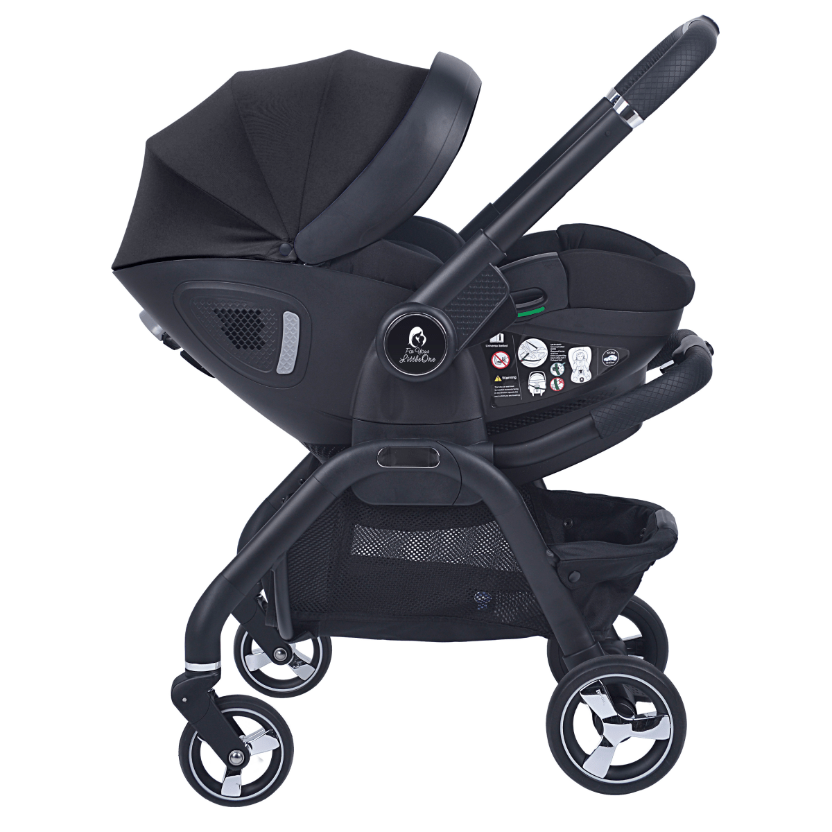 Black infant car seat and stroller with fabric canopy and front wheel assembly