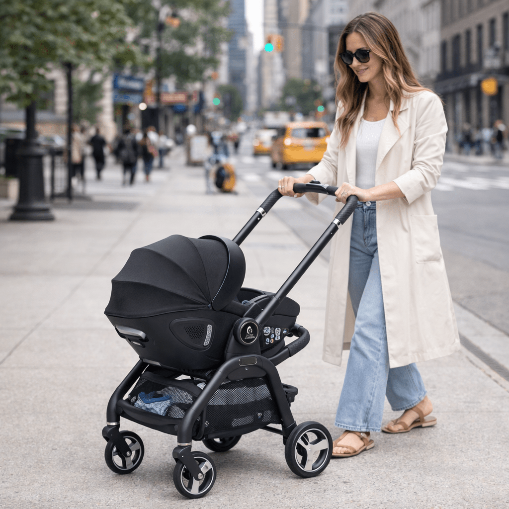 Black stroller with attached infant car seat, pushed outdoors with adult