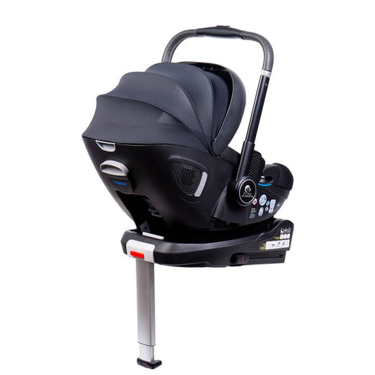 Qubi Isofix car seat base with attached infant seat in dark fabric