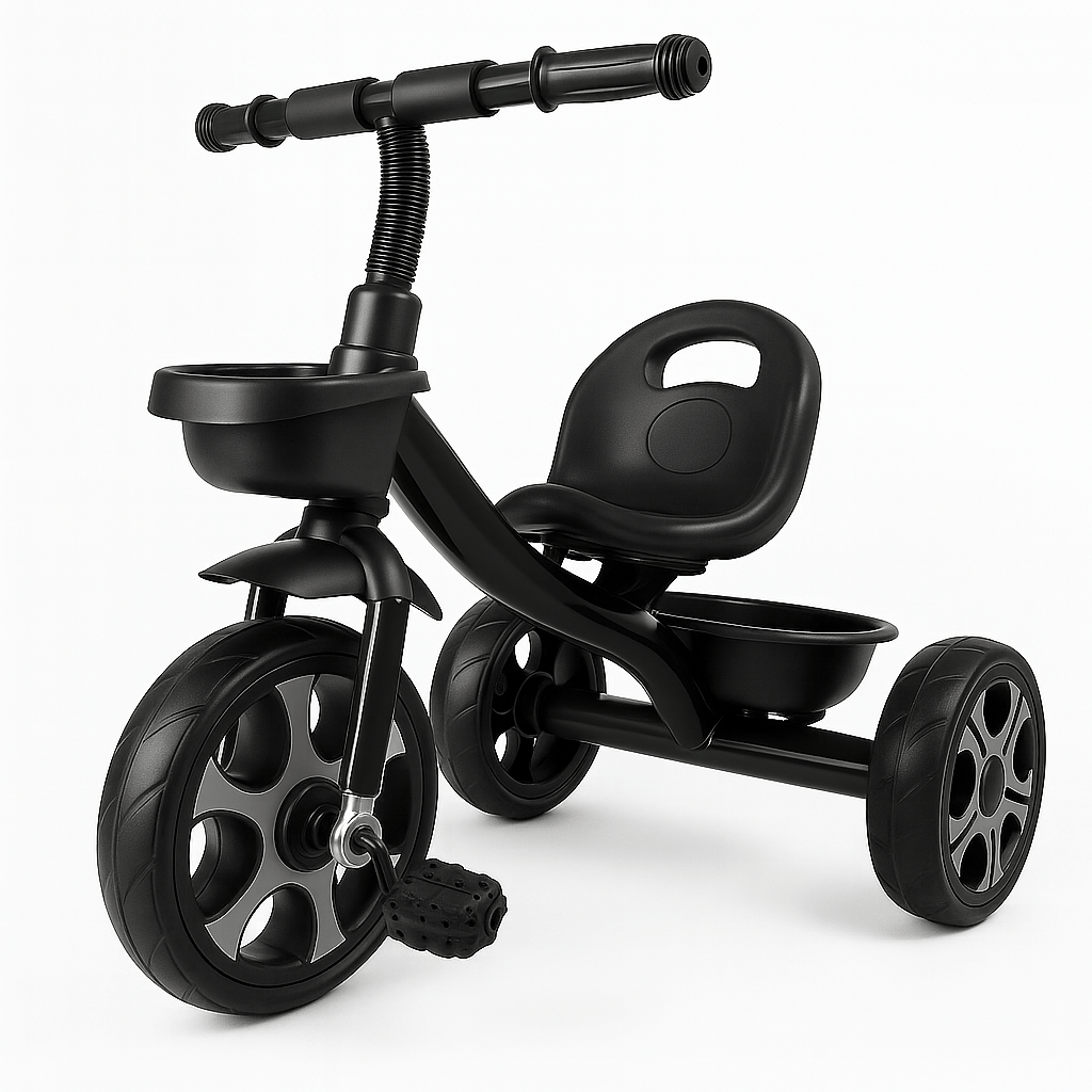 Black Venture trike with handlebars and padded seat, 18 months–6 years