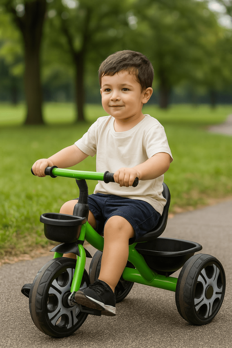Green Venture tricycle with black front tray and wheels, child riding on path