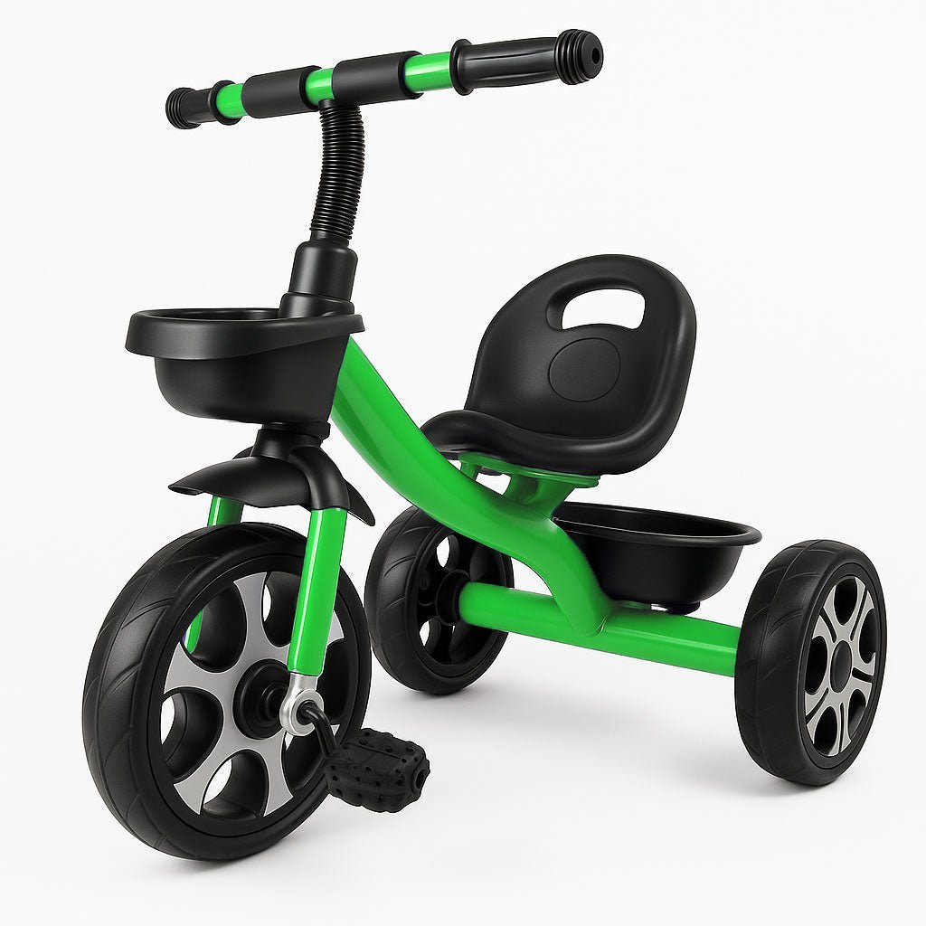 Green 3-wheel Venture trike with black seat, front tray, and handlebar grips