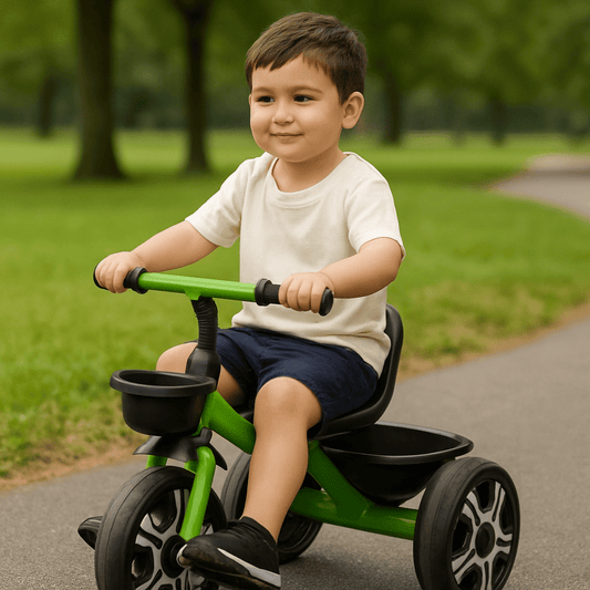 Green 3-wheel trike with black seat and front tray, child riding