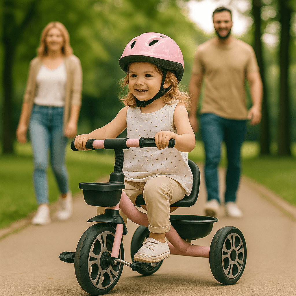 Pink trike with black seat and tray; child wearing helmet rides