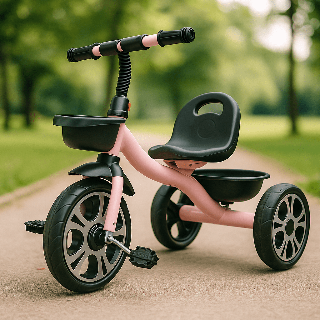 Pink Venture trike with black seat, front tray, and 3 large wheels