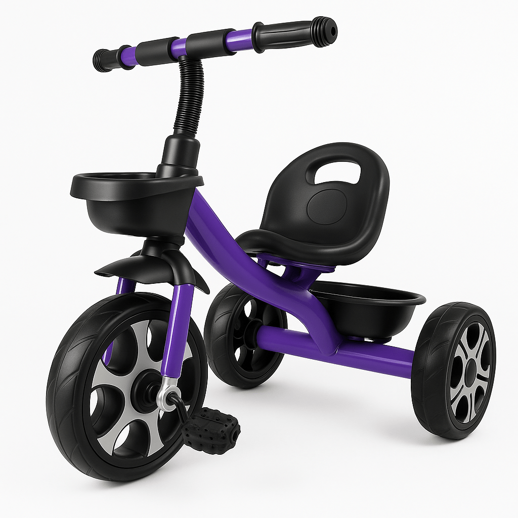 Purple 3-wheel trike with black seat, handlebar grips and front basket