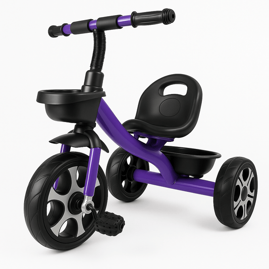 Purple 3-wheel trike with black seat, handlebar grips and front basket