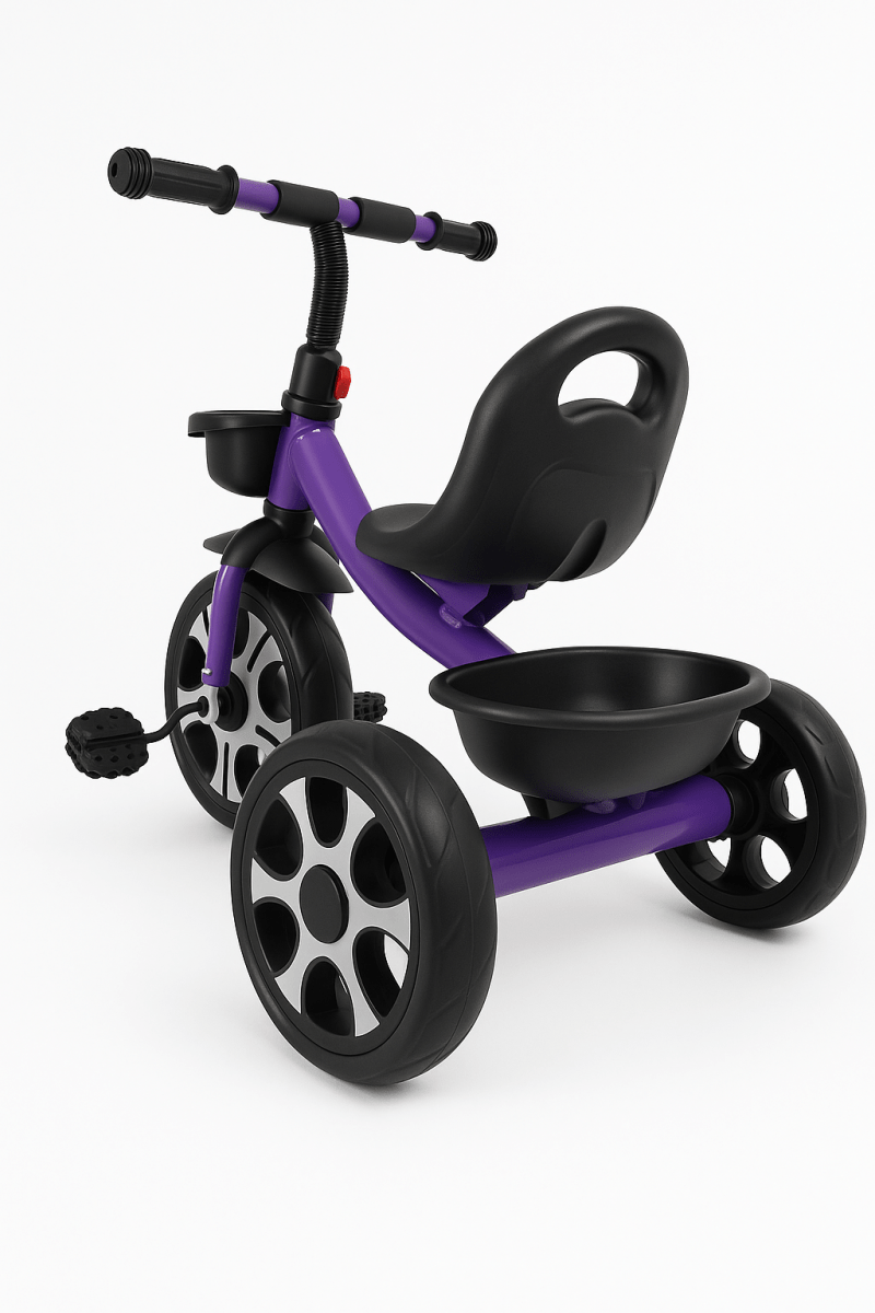 Purple tricycle with black seat and front tray