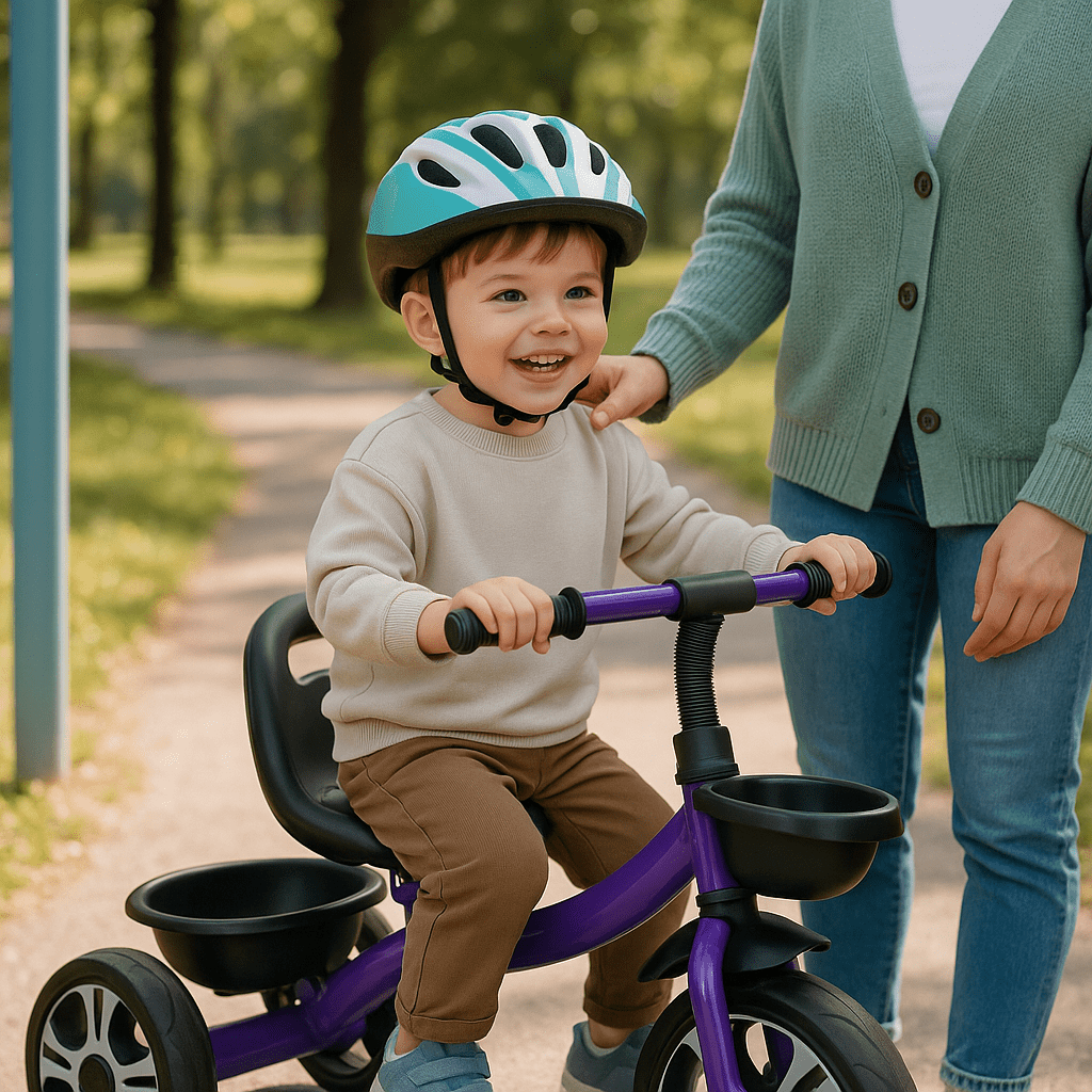 Purple trike being steered by child with safety helmet, black front tray