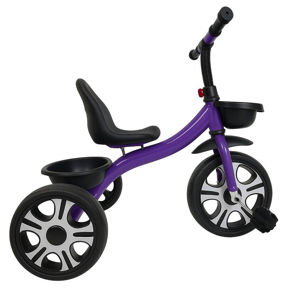Purple ride-on trike with black pedals, seat, and five-spoke wheel covers