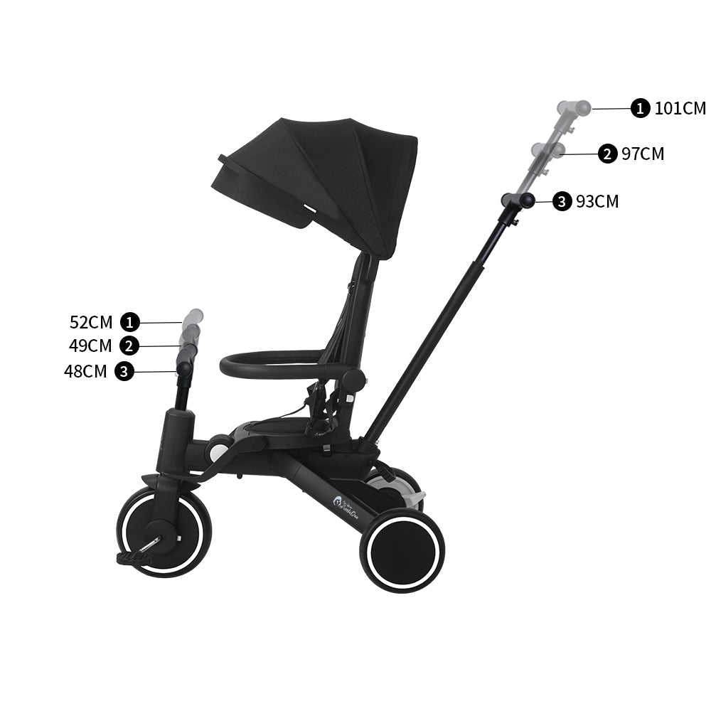 Jet black foldable trike with canopy and padded seat, shown with height measurements