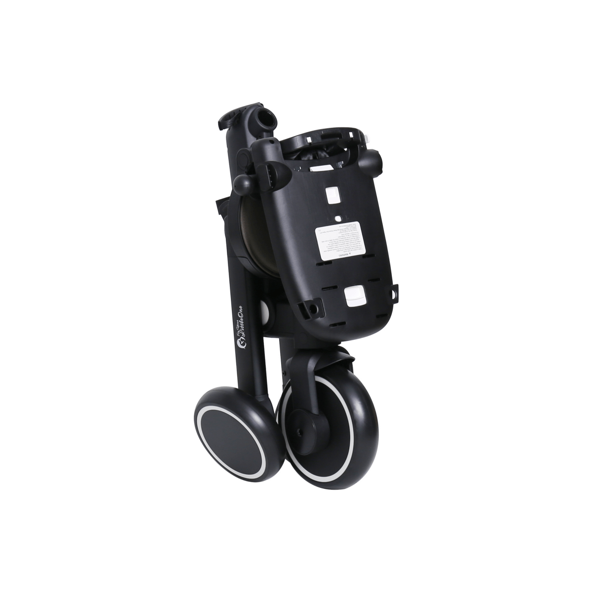 Jet black trike rear view with canopy frame, padded seat base, and small rear wheels