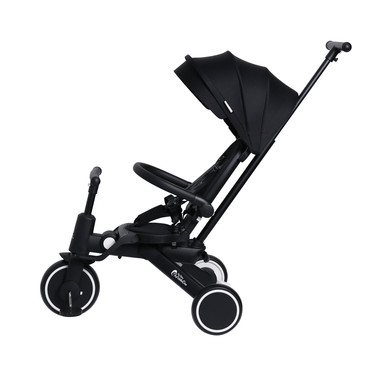 Jet black foldable trike with extended handlebar, dark canopy, and round wheels
