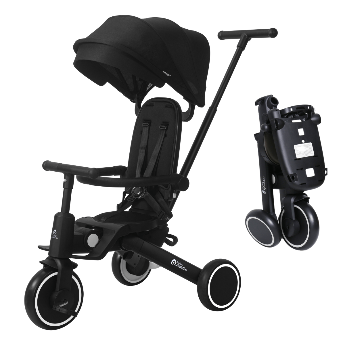 Foryourlittleone Xplor 6-in-1 foldable trike, jet black seat and canopy, front view