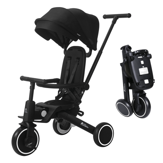 Foryourlittleone Xplor 6-in-1 foldable trike, jet black seat and canopy, front view