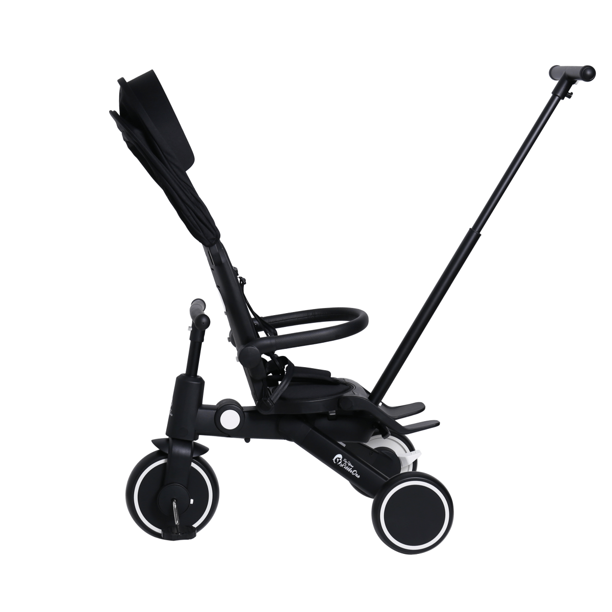 Jet black 3-wheel trike with canopy up, curved parent bar, and adjustable seat frame