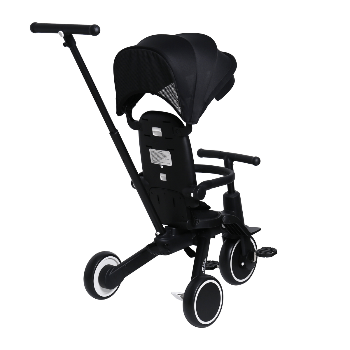 Jet black trike seat with canopy and harness straps, side view
