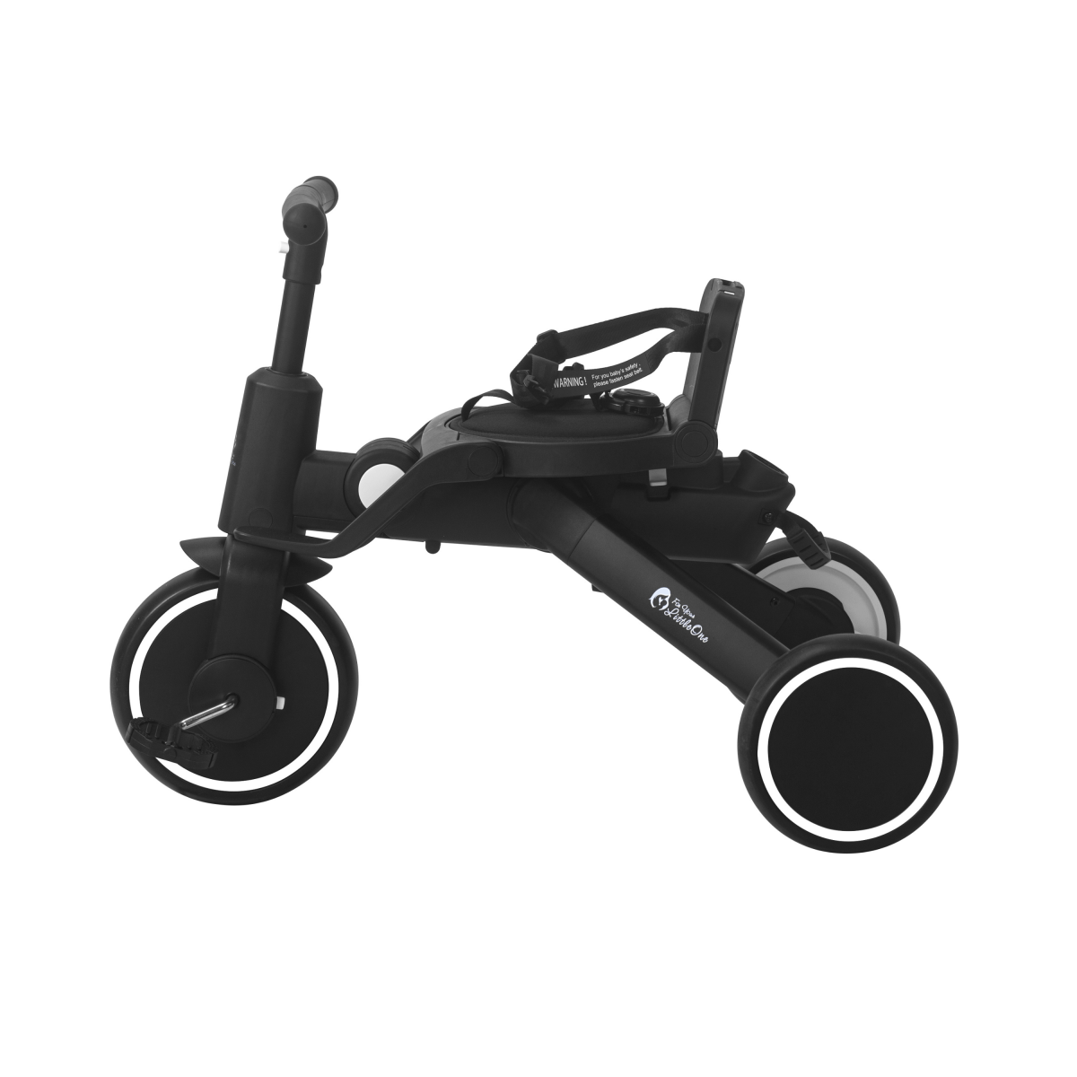 Jet black 6-in-1 foldable trike with rear handle and padded seat, three wheels