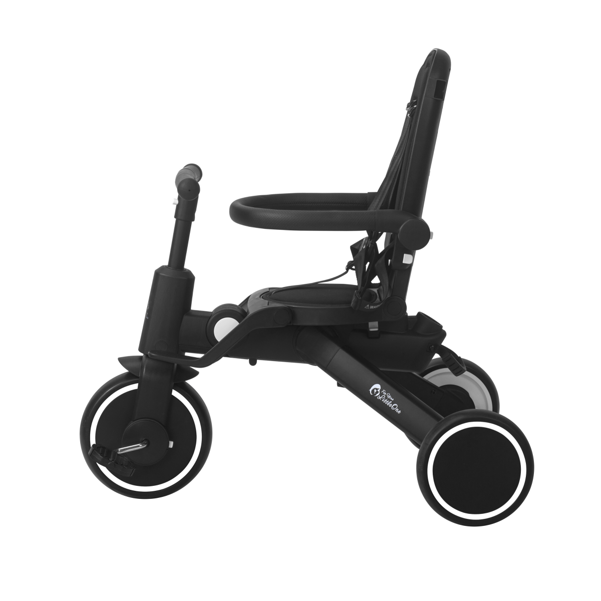 Jet black trike side view with padded seat and canopy attached