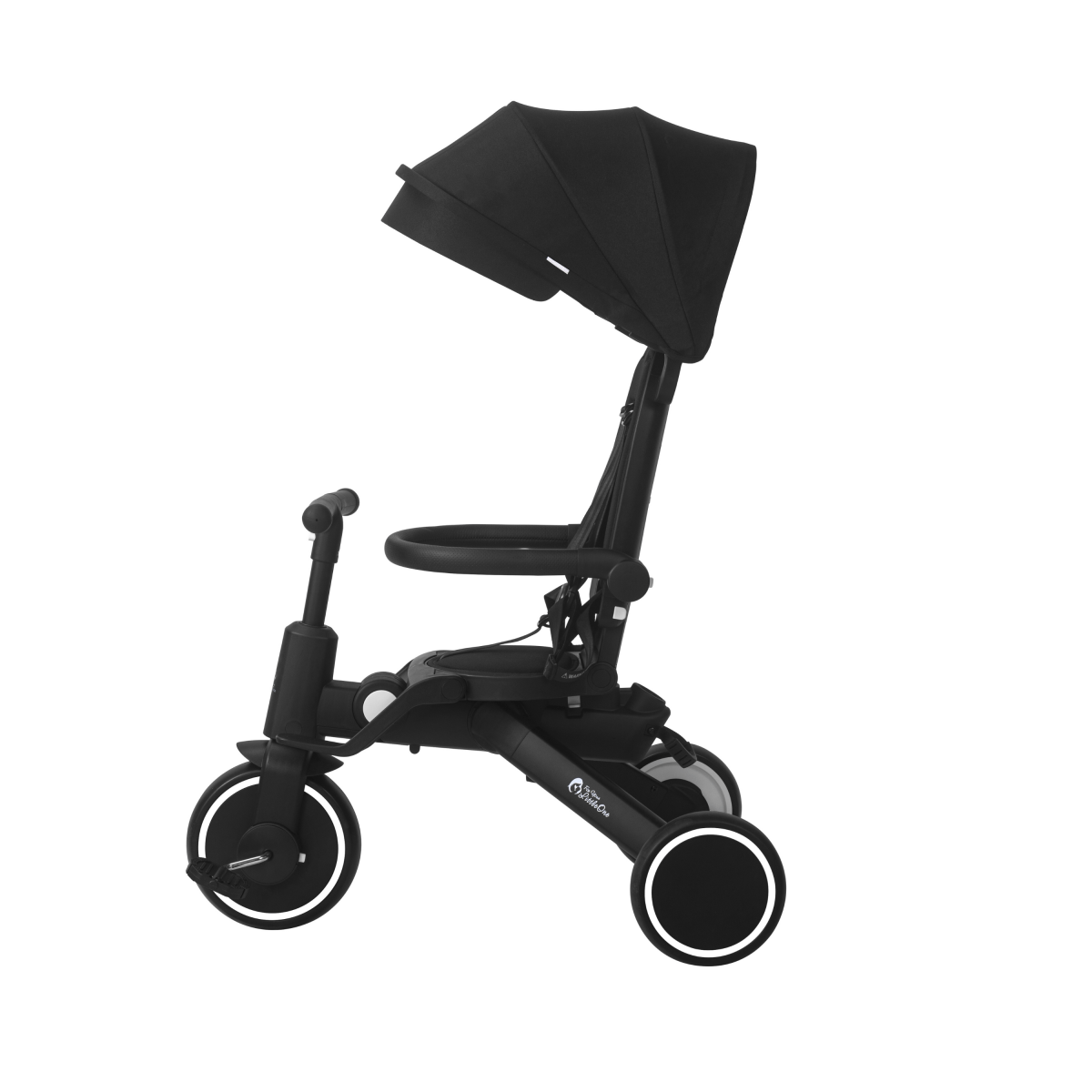 Jet black folding trike with canopy over the seat and three round wheels
