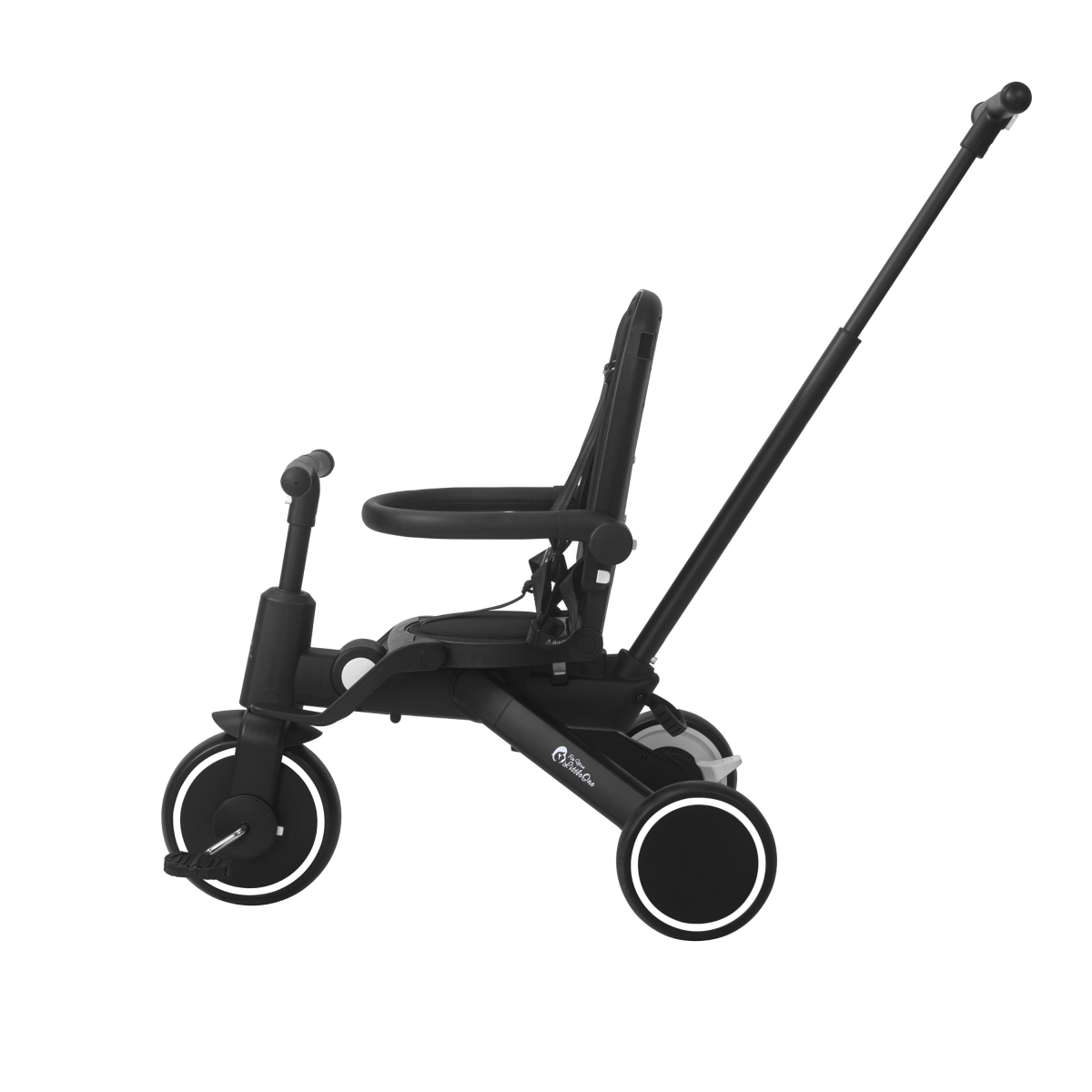Foldable jet black trike with canopy, wide handlebar, and 3-wheel design