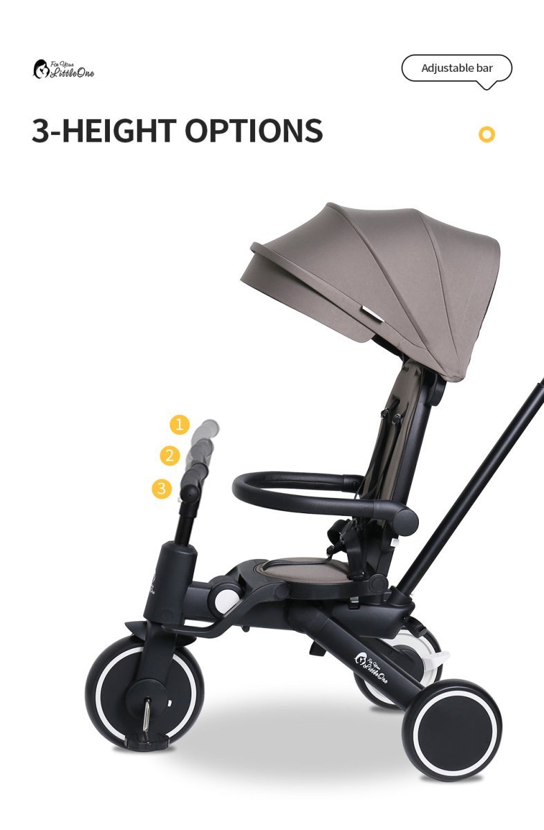 Foldable 3-height trike in jet black with dark gray canopy and front handlebar
