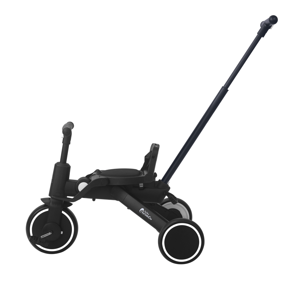 Jet black toddler trike stroller frame with seat, front wheel, and extended handlebar
