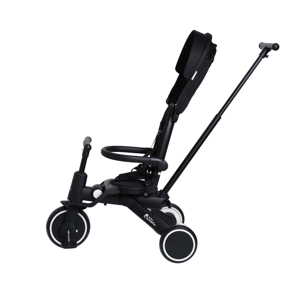 Jet black foldable trike with canopy, armrest bar, and front wheel in side profile