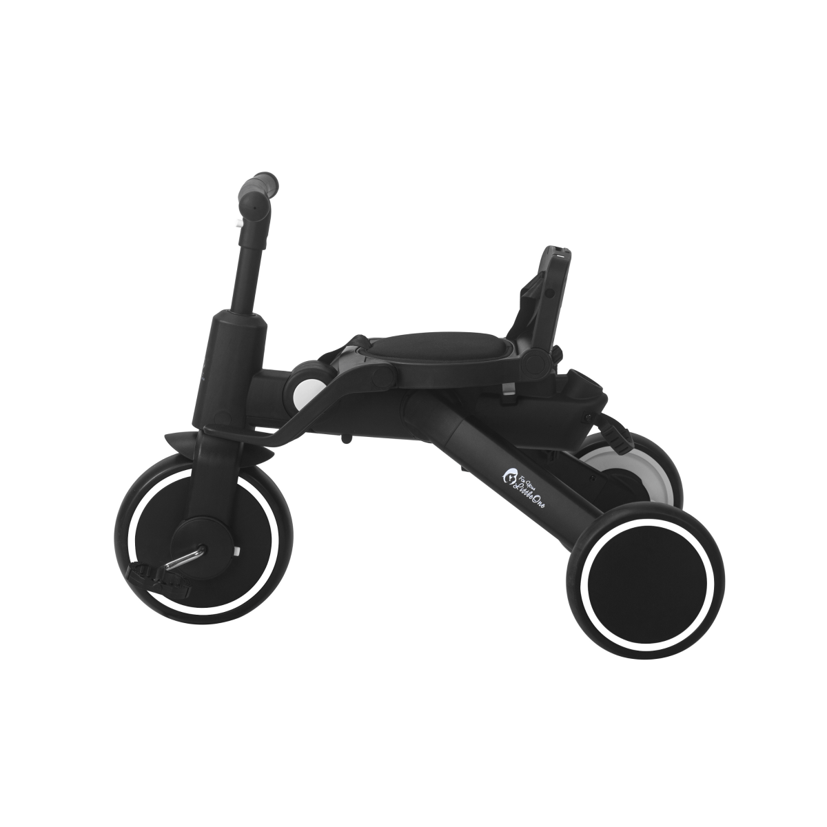 Jet black 3-wheel foldable trike with seat, armrest bar, and dark canopy folded out