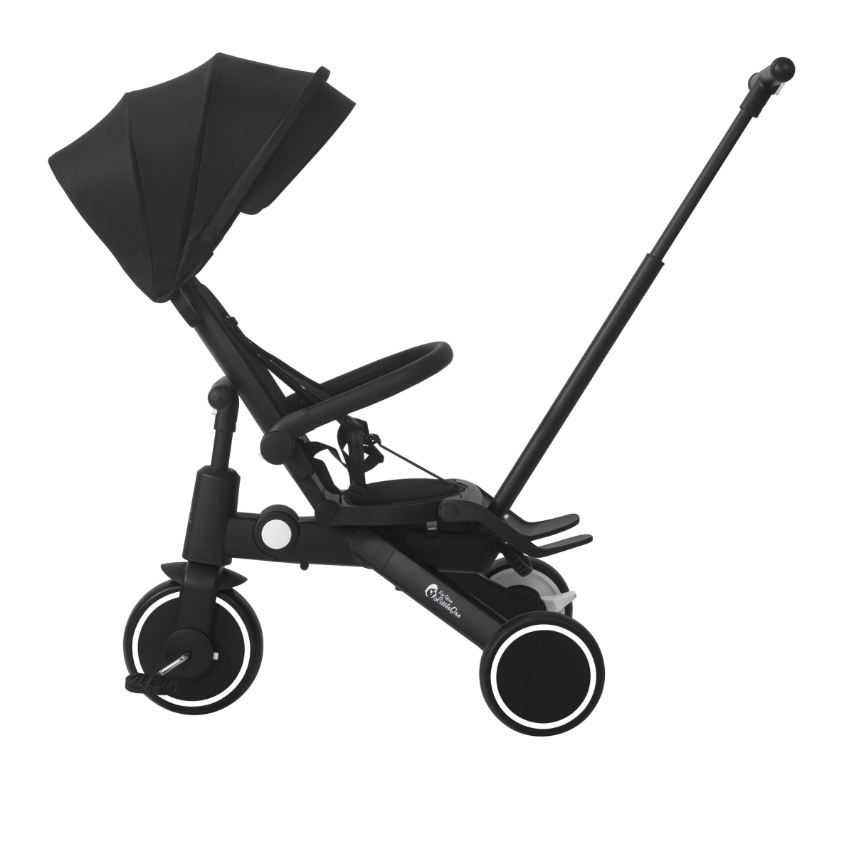 Jet black foldable trike at an angle with canopy, seat harness, and handlebar