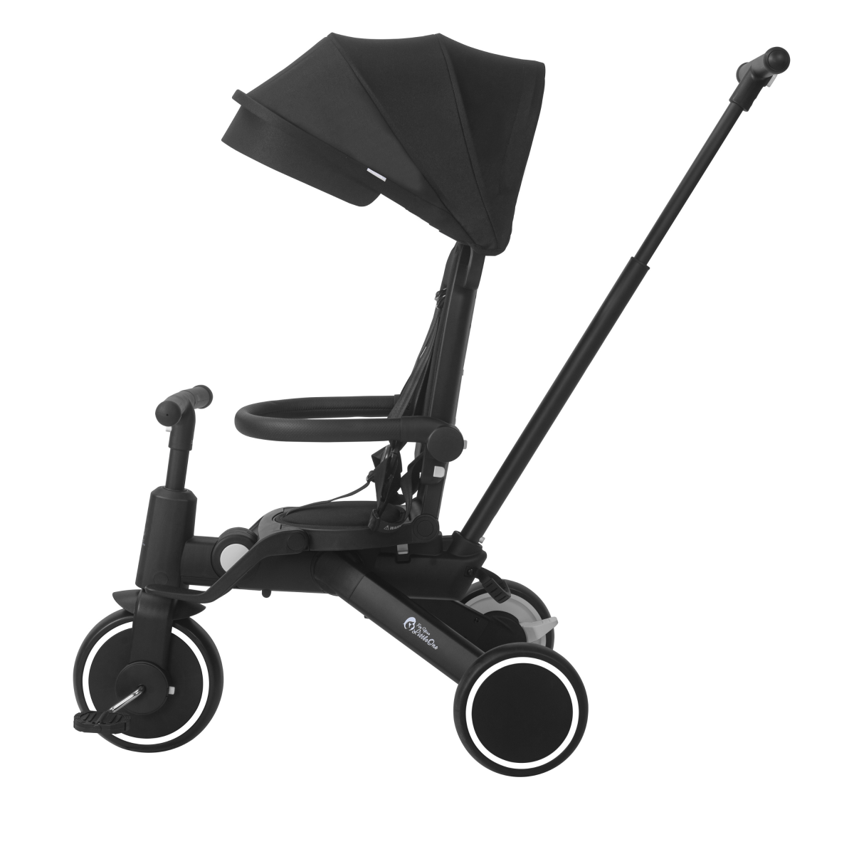 Foldable 6-in-1 trike in jet black with canopy, 3 wheels, and padded seat