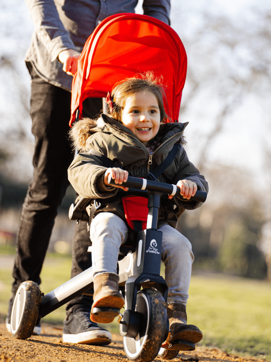 Kindertrike mit rotem Verdeck und gepolstertem Sitz, Sicherheitsbügel vorne