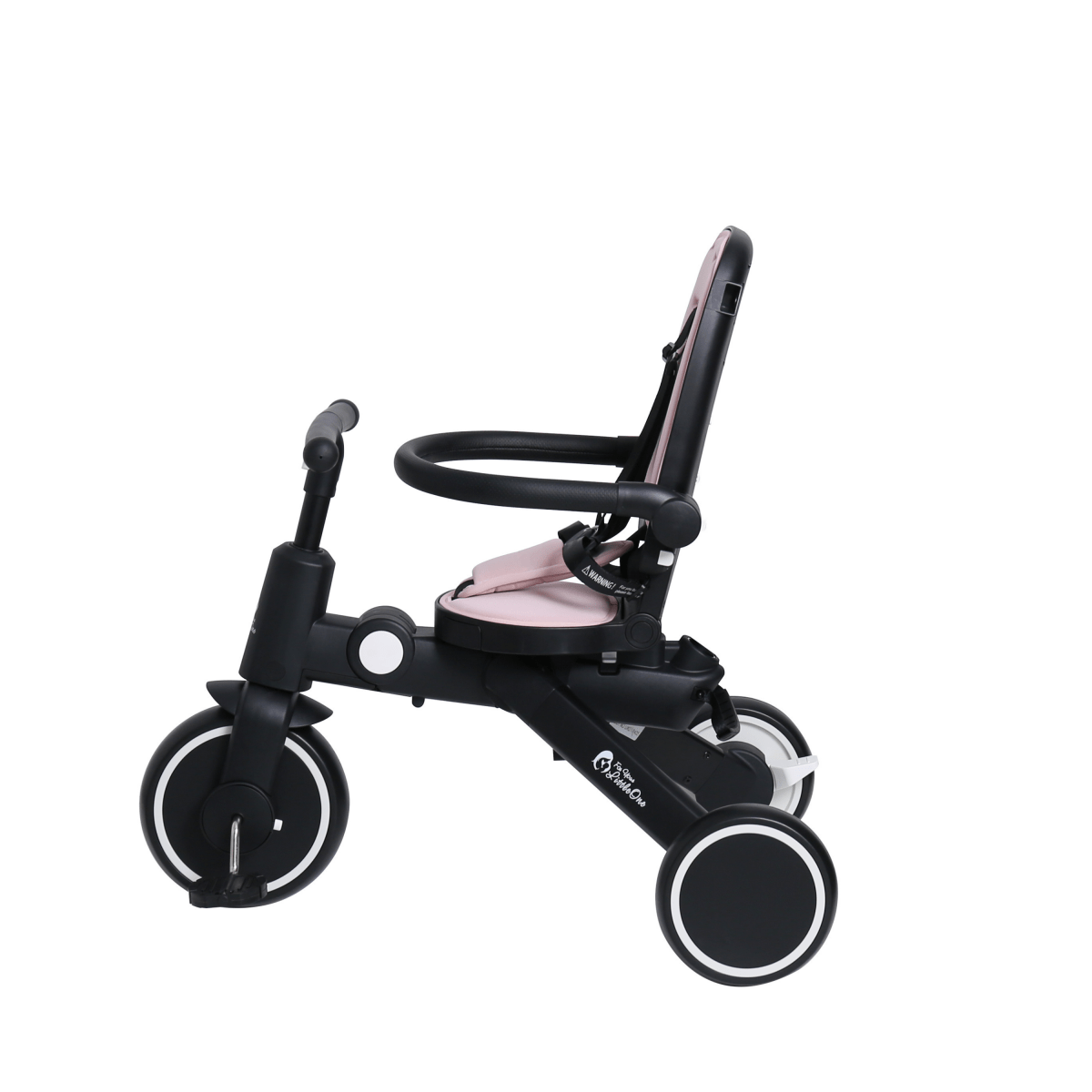 Pink padded seat on a black foldable trike, three-wheel base with white-trim tires