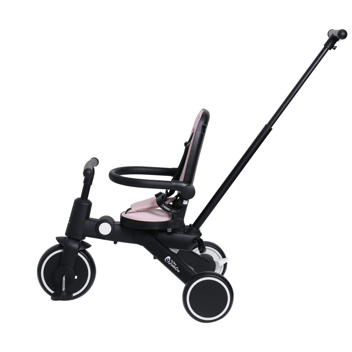 Foldable trike with pink seat cover, black frame, large front wheels with white rims