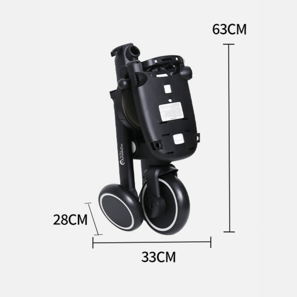 Foldable trike size diagram with wheelbase and height measurements in cm