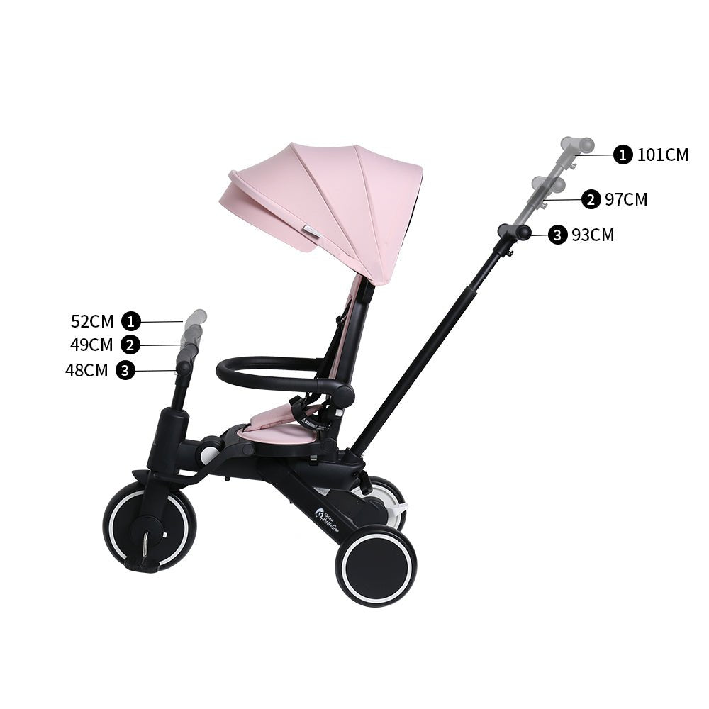 Pastellrosa 6-in-1 Dreirad Kinderwagen mit Maßangaben, zusammengeklappten Rahmen
