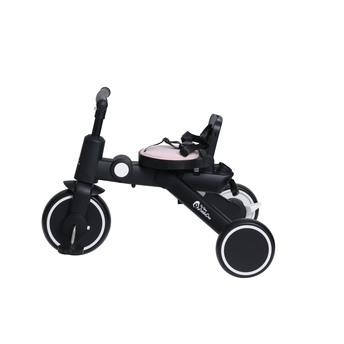 Foldable trike with pink seat pad and black canopy, three-wheel design