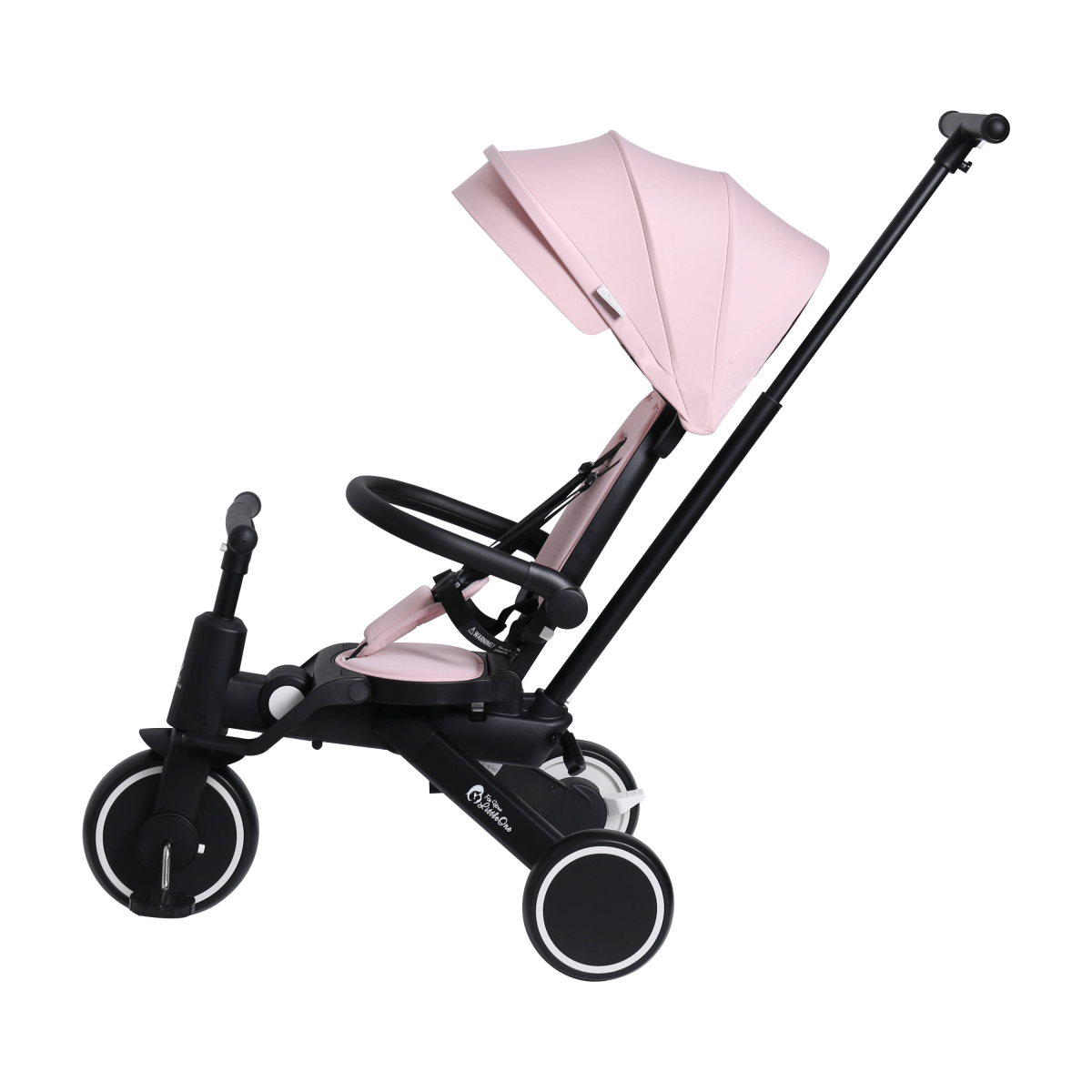 6-in-1 foldable trike with pink canopy and seat, black frame, three wheels