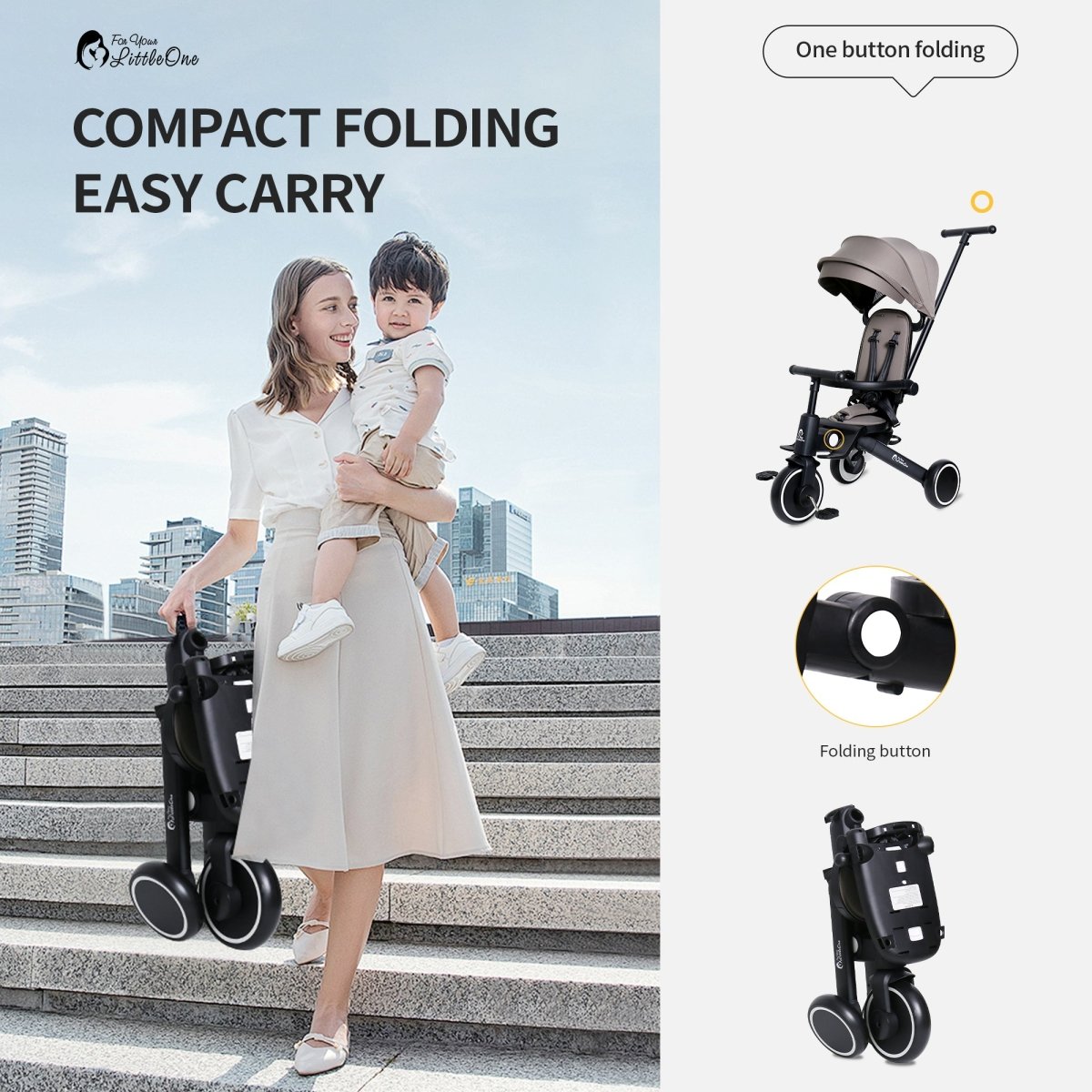 Kinderwagen im kompakten Faltmodus, schwarz, mit Knopf zum Zusammenklappen