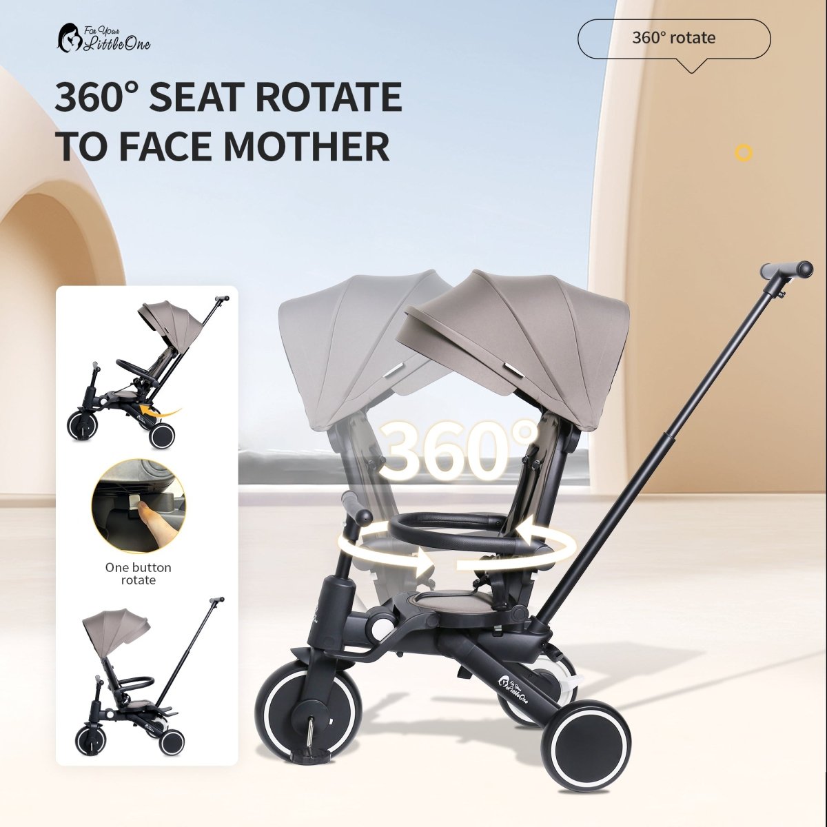 6-in-1 Kinderwagen mit drehbarem Sitz, hellgraues Verdeck, Räder mit Frontbügel