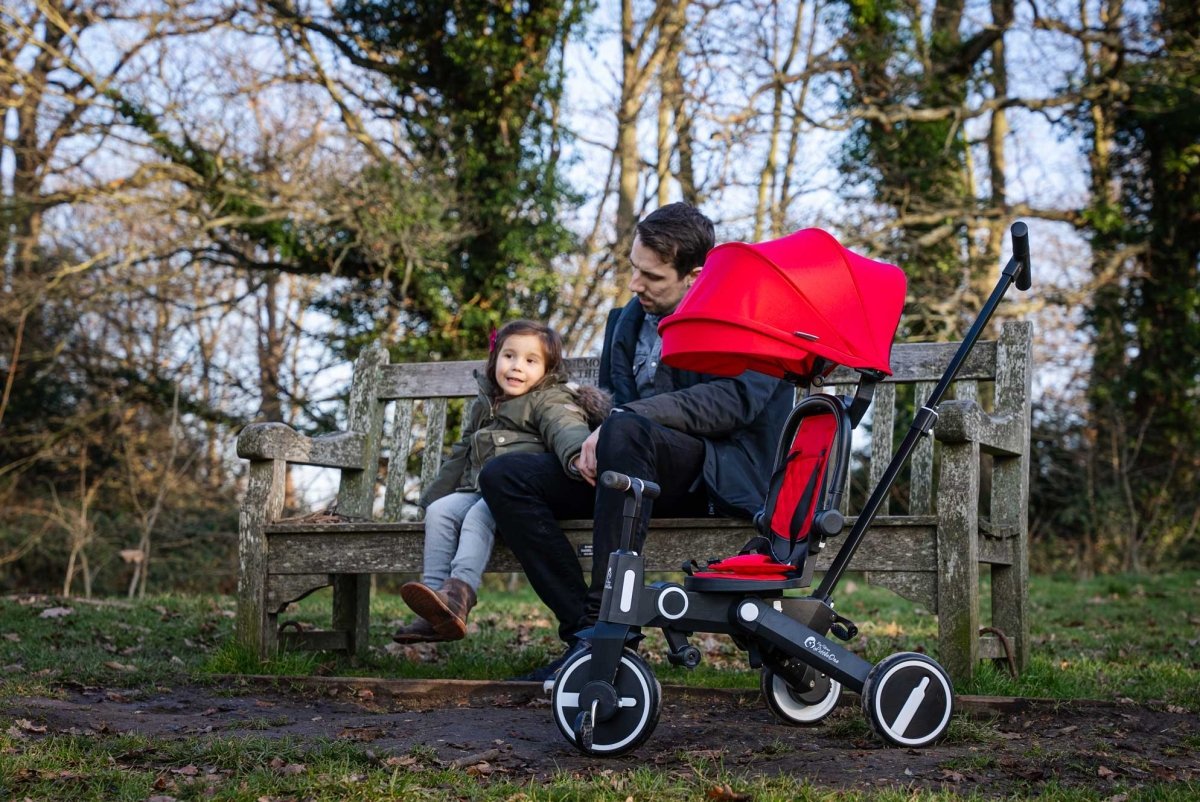 Foldable trike with seat and hood, shown on wheels outdoors with caregiver