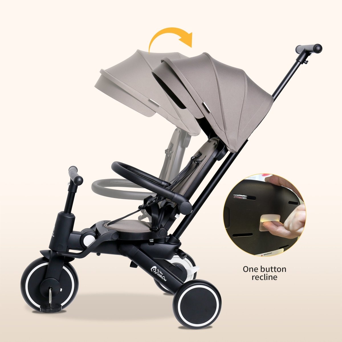 Foldable 6-in-1 trike with sun canopy and black frame, one-button recline feature