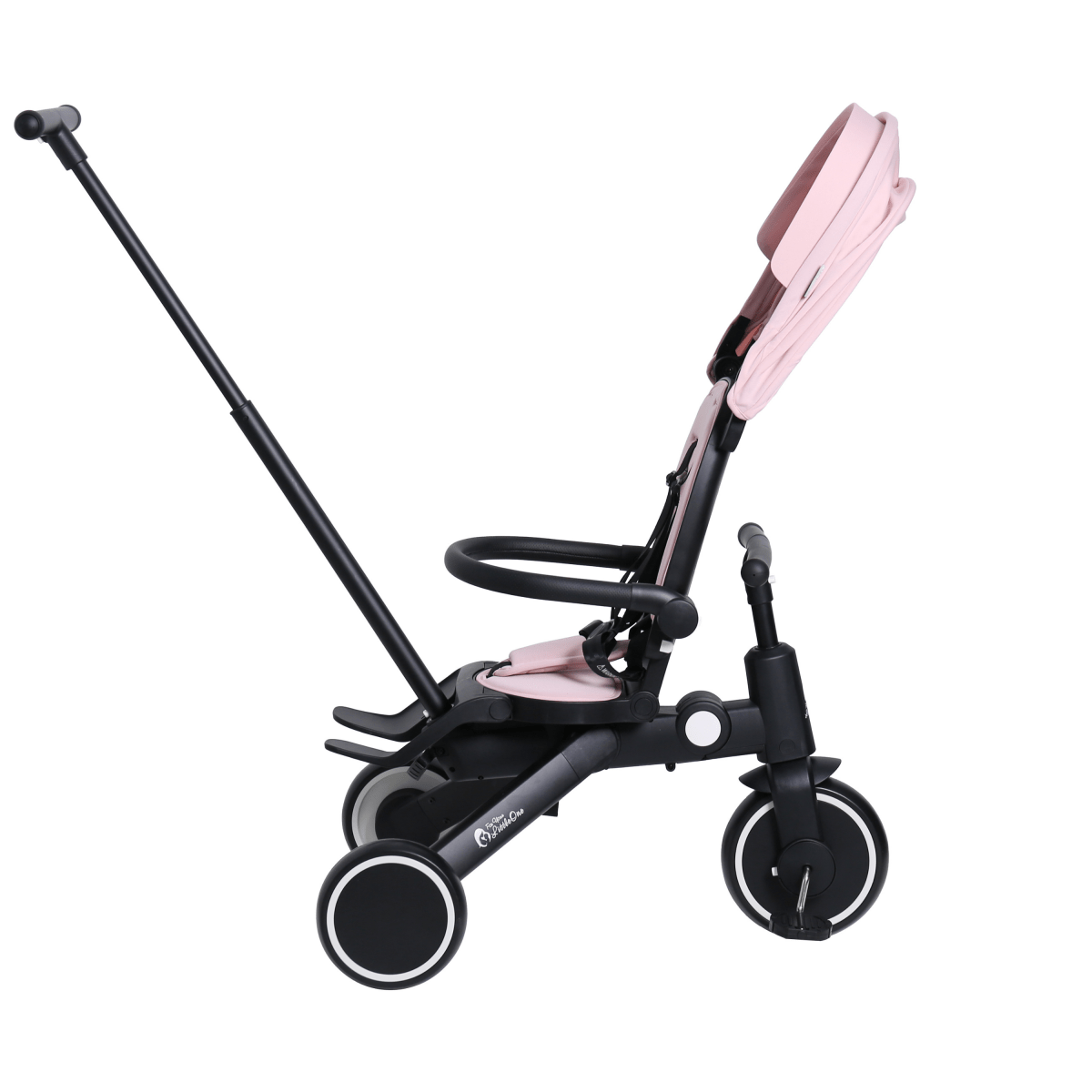 Foldable trike side view with pastel pink seat cushion, black handlebar and wheels
