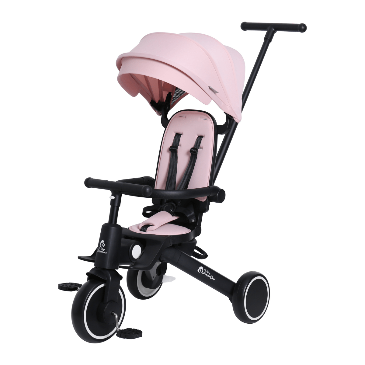 Close-up of pink stroller-style seat and canopy on a foldable trike, black bars
